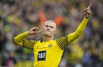 Dortmund's Erling Haaland celebrates after scoring a penalty during the German Bundesliga soccer match between Borussia Dortmund and FSV Mainz 05 in Dortmund