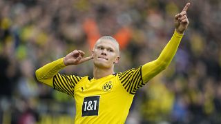 Dortmund's Erling Haaland celebrates after scoring a penalty during the German Bundesliga soccer match between Borussia Dortmund and FSV Mainz 05 in Dortmund
