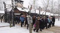 Former prisoners and their guests arrive for the ceremony marking the 74th anniversary of the liberation of KL Auschwitz-Birkenau