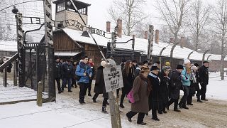 Former prisoners and their guests arrive for the ceremony marking the 74th anniversary of the liberation of KL Auschwitz-Birkenau