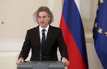 Robert Golob, the leader of the Freedom Movement party, speaks to reporters in Ljubljana.