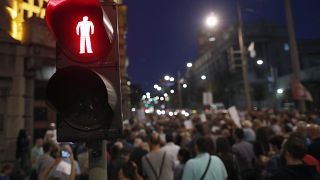 Journalists gathered during a protest organised by the Group for Media Freedom in front of the government headquarters in Belgrade, Serbia, Wednesday, Oct. 16, 2019.