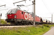 Comboio de carga com forragem, vindo da Ucrânia, chega a Viena, Áustria, sexta-feira, 6 de maio de 2022