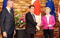 EU Commission President Ursula von der Leyen (R), and EU Council President Charles Michel (L), meet Japanese Prime Minister Fumio Kishida in Tokyo May 12, 2022.