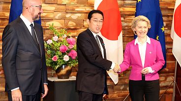 EU Commission President Ursula von der Leyen (R), and EU Council President Charles Michel (L), meet Japanese Prime Minister Fumio Kishida in Tokyo May 12, 2022.