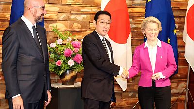 EU Commission President Ursula von der Leyen (R), and EU Council President Charles Michel (L), meet Japanese Prime Minister Fumio Kishida in Tokyo May 12, 2022.
