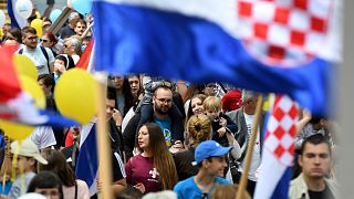 People take part in the "March for Life", the Croatia's fifth annual anti-abortion march, in Zagreb on May 29, 2021.