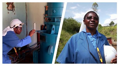 Image shows Sister Alphonsine Ciza inspecting the mini hydeo-electric plant that she built herself to combat power outages.
