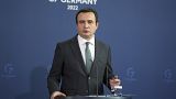 Kosovo's Prime Minister Albin Kurti addresses the media during a press conference in Germany.