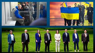 En ht à g. : soldat russe jugé pour "crimes de guerre" en Ukraine / ht. à dr. : le groupe ukrainien à l'Eurovision / en bas : ministres des Aff. étrangères du G7, le 12 /05/22
