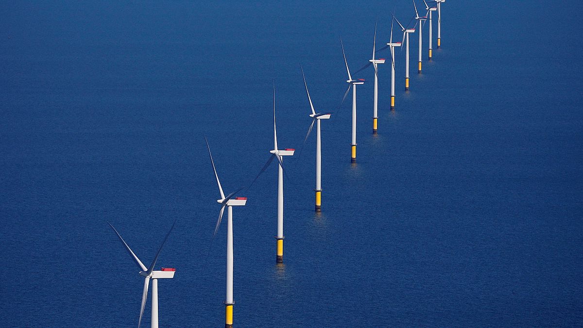 General view of the Walney Extension offshore wind farm operated by Orsted off the coast of Blackpool, Britain.