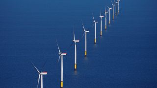 General view of the Walney Extension offshore wind farm operated by Orsted off the coast of Blackpool, Britain.