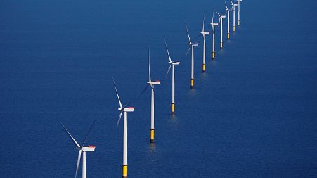 General view of the Walney Extension offshore wind farm operated by Orsted off the coast of Blackpool, Britain.