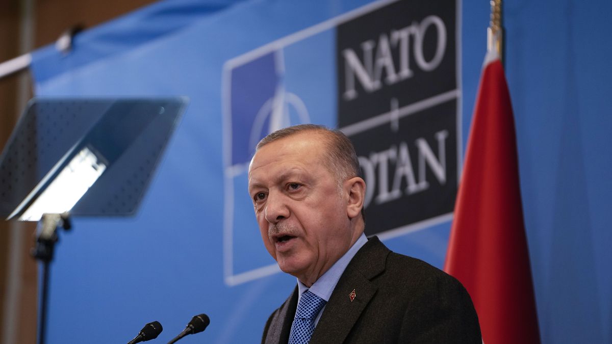 Le président turc lors d'une conférence de presse au siège de l'Otan à Bruxelles, le jeudi 24 mars 2022.