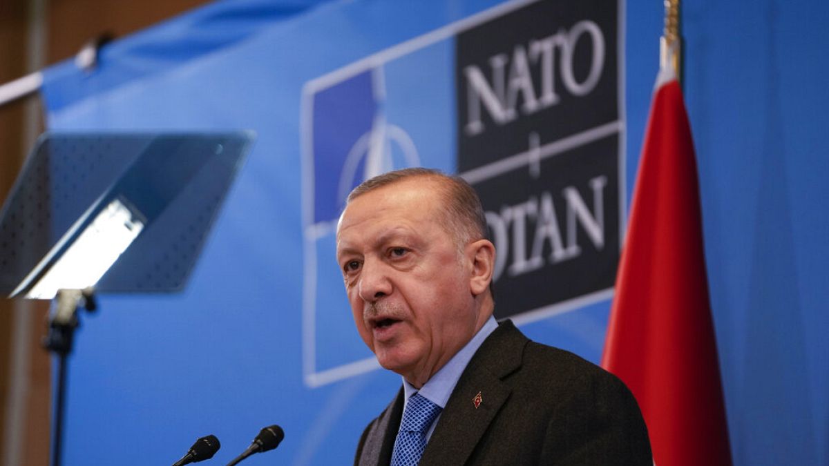 Turkish President Recep Tayyip Erdogan speaks during a media conference after an extraordinary NATO summit at NATO headquarters