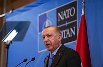 Turkish President Recep Tayyip Erdogan speaks during a media conference after an extraordinary NATO summit at NATO headquarters