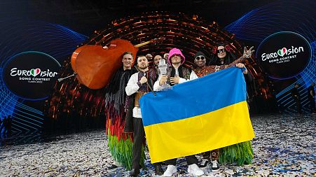 Kalush Orchestra from Ukraine celebrate after winning the Grand Final of the Eurovision Song Contest at Palaolimpico arena, in Turin, Italy, Saturday, May 14, 2022.