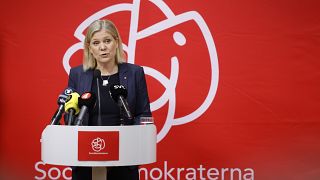 Sweden's Prime Minister Magdalena Andersson gives a press conference after a meeting at the ruling Social Democrat's headquarters in Stockholm, Sweden, SUnday, May 15, 2022