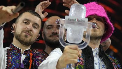 Members of the Kalush Orchestra from Ukraine celebrate after winning the Grand Final of the Eurovision Song Contest at Palaolimpico arena, in Turin, Italy, Saturday, May 14