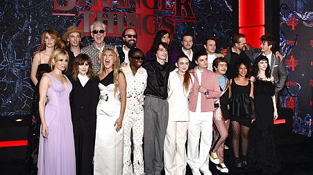 The "Stranger Things" cast pose together at the season four premiere at Netflix Studios Brooklyn on Saturday, May 14, 2022, in New York.