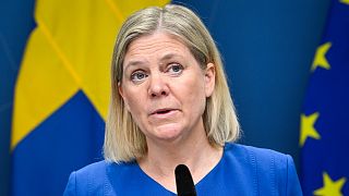 Sweden's Prime Minister Magdalena Andersson gives a news conference in Stockholm, Sweden, Monday, May 16, 2022