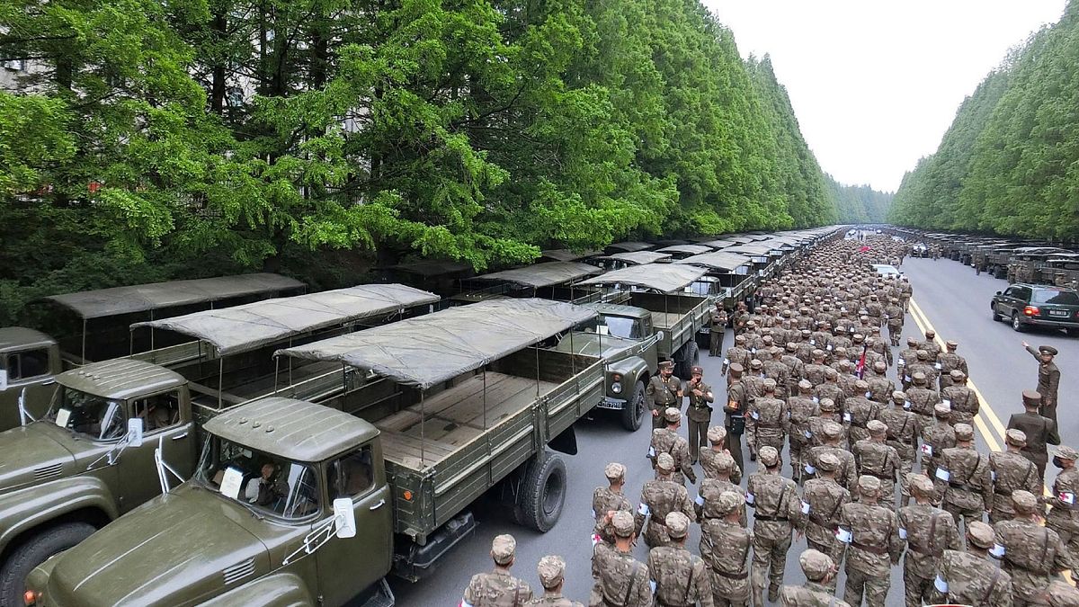 یکی از عکس‌های خبرگزاری مرکزی کره شمالیِ سربازانی را نشان می‌دهد که در کنار صف طولانی کامیون‌های سبز رنگ ایستاده اند.