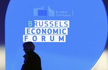 United States Treasury Secretary Janet Yellen is silhouetted as she leaves after delivering at the Brussels Economic Forum 2022 in Brussels, Tuesday, May 17, 2022.