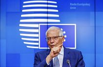 EU Foreign Policy Chief Josep Borrell speaks to the press after a meeting of EU defense ministers at the European Council building in Brussels, Tuesday, May 17, 2022.