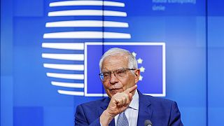 EU Foreign Policy Chief Josep Borrell speaks to the press after a meeting of EU defense ministers at the European Council building in Brussels, Tuesday, May 17, 2022.