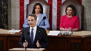 Ο Έλληνας πρωθυπουργός Κυριάκος Μητσοτάκης μιλάει στην κοινή συνεδρίαση του Κογκρέσου των ΗΠΑ