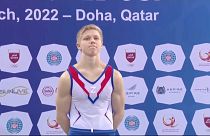 The 20-year-old wore the symbol on the podium at a World Cup event in Doha.