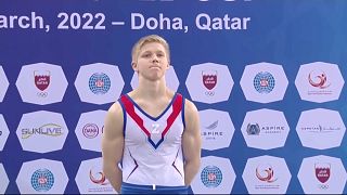 The 20-year-old wore the symbol on the podium at a World Cup event in Doha.