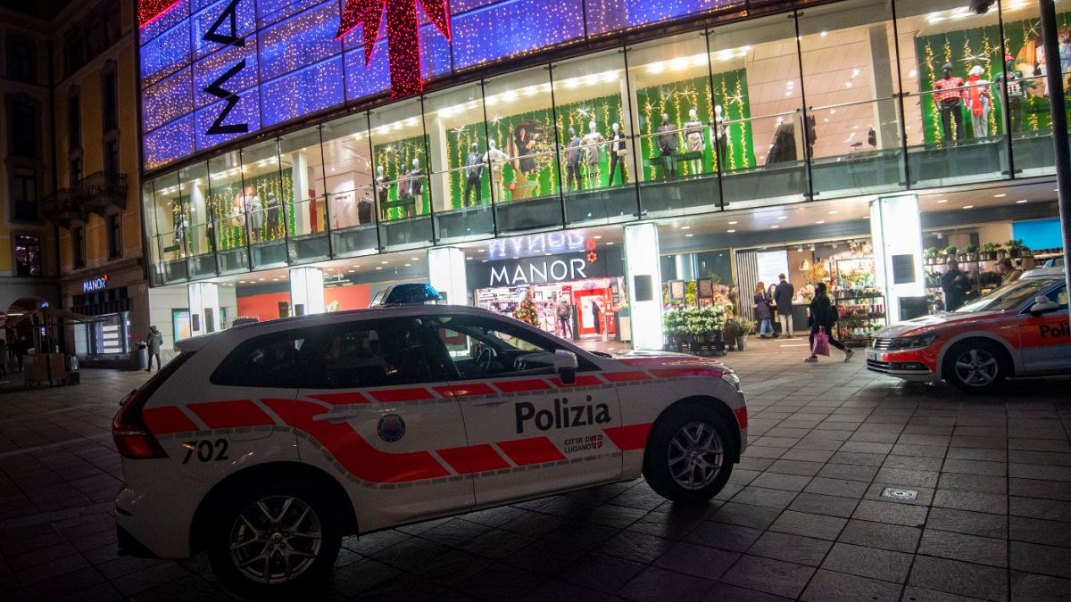 A police car in the area where a stabbing occurred in Lugano.