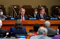   نطونيو غوتيريش ووزير الخارجية الأمريكي بلينكين في اجتماع  حول تزايد انعدام الأمن الغذائي- مقر الأمم المتحدة، 18 مايو 2022