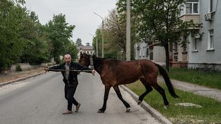رجل أوكراني في شوارع سيفيرودونيتسك برفقة حصانه، أوكرانيا.