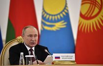 Vlagyimir Putyin orosz elnök a Kollektív Biztonsági Szerződés Szervezetének (ODKB) moszkvai csúcstalálkozóján 2022. május 16-án.