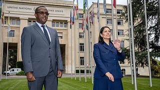 Rwandan Foreign Minister Vincent Biruta (L) and Britain's Home Secretary Priti Patel (R) at the United Nations in Geneva.