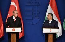 Turkish President Recep Tayyip Erdogan, left, & Hungarian Prime Minister Viktor Orban hold a joint press conference after a meeting in Budapest, Thursday, Nov. 7, 2019. 