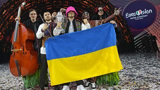 Kalush Orchestra from Ukraine celebrate after winning the Grand Final of the Eurovision Song Contest at Palaolimpico arena, in Turin, Italy, May 14, 2022.