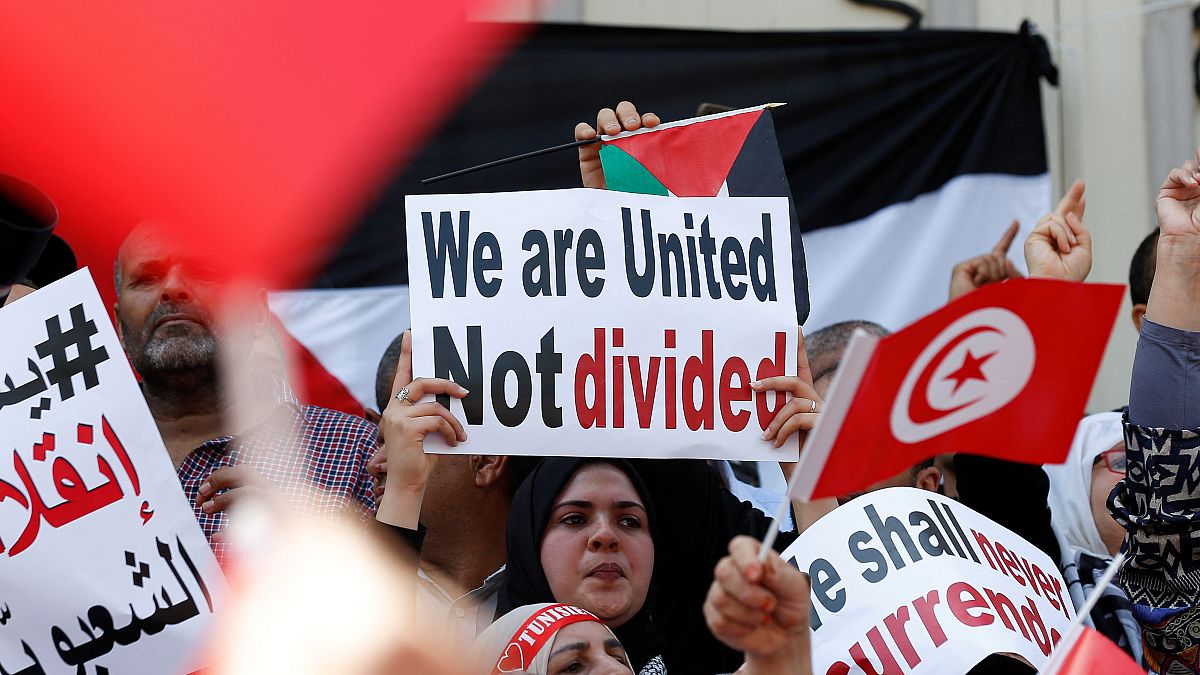 متظاهرون يرفعون الأعلام التونسية واللافتات احتجاجا على سياسة الرئيس التونسي قيس سعيد 