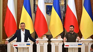Le président ukrainien Volodymyr Zelensky et son homologue polonais Andrzej Duda donnent une conférence de presse à Kyiv, 22 mai 2022.
