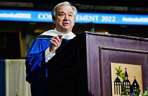 Antonio Guterres gives his commencement speech at Seton Hall University, 24 May.