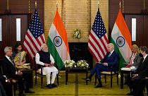 U.S. President Joe Biden, right, meets with Indian Prime Minister Narendra Modi during the Quad leaders summit at Kantei Palace, Tuesday, May 24, 2022, in Tokyo.