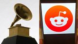 A Grammy award (left), the Reddit logo on a phone (right)