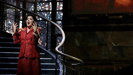 Russian soprano Anna Netrebko performs during a rehearsal of Giuseppe Verdi's opera "Macbeth" at the Teatro alla Scala in Milan.