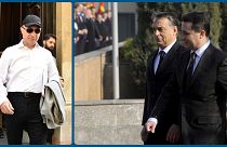 Nikola Gruevszki távozik a bíróságról Budapesten, miután 2019-ben megtagadták kiadatását; Orbán és Gruevszki Szkopjéban, 2013-ban