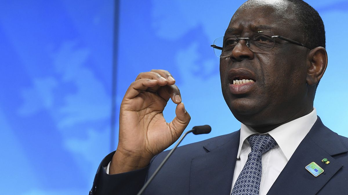 Senegal's President Macky Sall speaks during a media conference at the conclusion of an EU Africa summit in Brussels, Friday, Feb. 18, 2022.