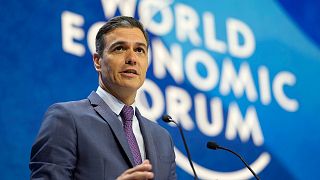 FILE - Spain's Prime Minister Pedro Sanchez delivers his speech during the World Economic Forum in Davos, Switzerland, on May 24, 2022.