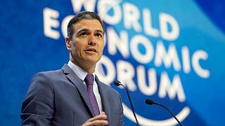 FILE - Spain's Prime Minister Pedro Sanchez delivers his speech during the World Economic Forum in Davos, Switzerland, on May 24, 2022. 