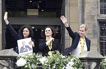 Svetlana Tikhanovskaya, center, Veronika Zepkalo, right, and the sister of Maria Kalesnikava receive the Charlemagne Prize in Aachen, Germany